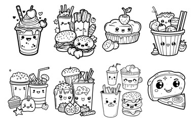 Black and white cartoon drawing with various cute food items