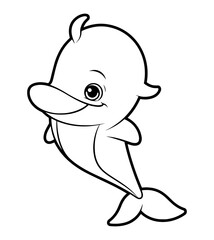 Black and white cartoon of a dolphin with big eyes and a smile