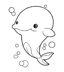 Black and white dolphin illustration with bubbles and a cute cartoonlike design