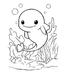 Black and white drawing of a cartoon dolphin in a sea with seaweed and air bubbles