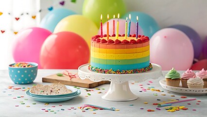 birthday party balloon cake concept Colorful birthday cake surrounded by balloons, sprinkles, and treats on a festive table.