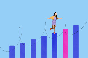 Composite 3d art pop image collage of happy businesswoman businessman climb stand chart progress...