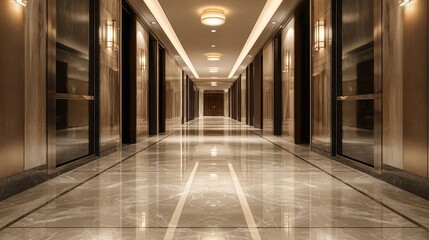 A luxurious hotel hallway with marble floors and glass doors, illuminated by modern lighting fixtures.