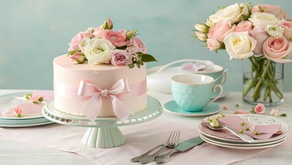 birthday party balloon cake concept Elegant cake adorned with flowers, set on a pastel table with dishes and a tea cup.