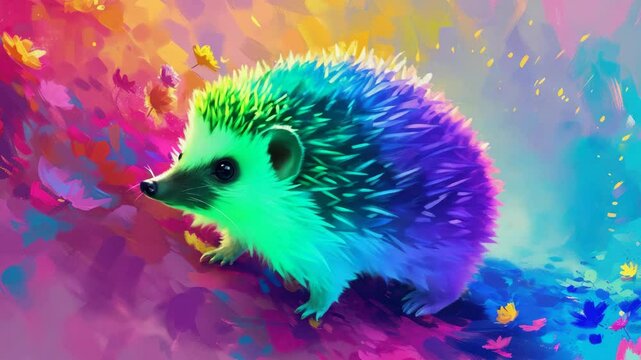 Cute hedgehog in vibrant colors on a rainbow background, suitable for children's artwork or themed party invitations.