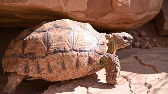 Large tortoise slowly moving across rocky terrain in daylight