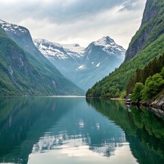 Tranquil Fjord Snow-capped Peaks Reflected in Calm Waters, Norway , Landscape