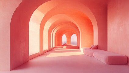 A sunlit, arched corridor in a coral-toned space