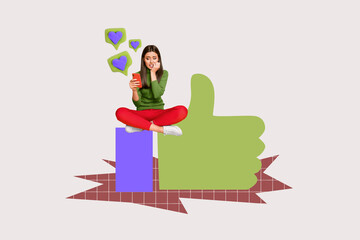 Creative full art collage of happy girl stand heart icon text box notification hand social media...