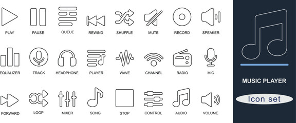 A out line music player icon set featuring play, pause, volume, playlist, equalizer, mic, shuffle, and more. Ideal for app, UI, audio, and media design.