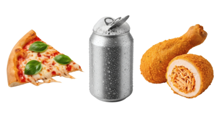 Pizza slice fried chicken and soda can still life fast food junk food unhealthy eating isolated on black 100 on transparent background