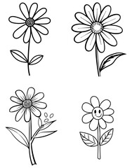Black and white line art of four different cartoon daisy flowers with varying features