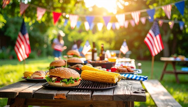A festive Fourth of July backyard barbecue features burgers, corn on the cob, and American flags.