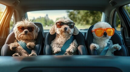 Three small dogs wearing sunglasses sit in car seats. The scene captures a fun and playful moment of pets enjoying a ride.
