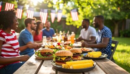 Naklejka premium Group of diverse friends enjoying a backyard barbecue with burgers and corn, celebrating under American flags.