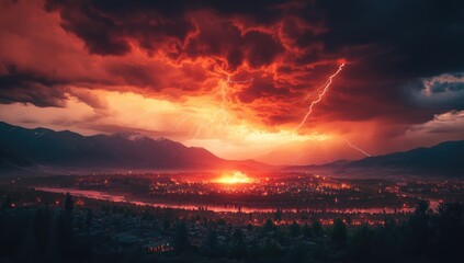 Fototapeta premium Fiery storm over a city. Crimson clouds, intense lightning, and a dramatic sunset above a town nestled in a valley