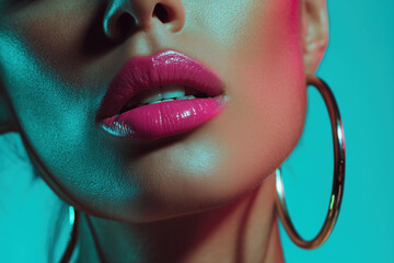 A close-up of an elegant woman's face with glossy lips, wearing large hoop earrings and vibrant pink lipstick against a blue background