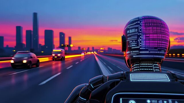 futuristic robot overlooking a vibrant cityscape at sunset