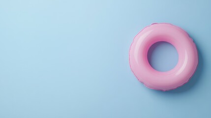 A pink inflatable pool float in the shape of a donut on a light blue background. Ideal for summer and pool parties.