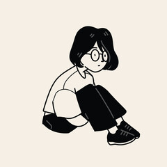 Thoughtful Girl Illustration Minimalist Black and White Line Art