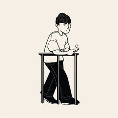 Contemplative Youth Line Art Illustration of a Person Smoking and Leaning on a Railing