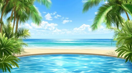 A serene tropical beach scene with clear blue water, palm trees, and a bright sky. The ocean meets the sandy shore, creating a peaceful atmosphere.