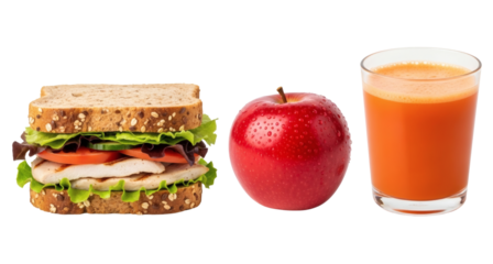 Healthy lunch ideas sandwich apple juice balanced meal quick lunch healthy eating nutritious food on black on transparent background