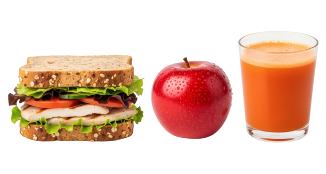 Healthy lunch ideas sandwich apple juice balanced meal quick lunch healthy eating nutritious food on black on transparent background