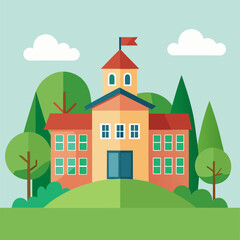 School building with surrounding greenery illustration