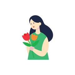Smiling girl holding a bouquet of fresh tulips during Easter season Vector illustration