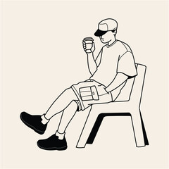 Relaxed Young Man Enjoying Coffee and Reading Outdoors Line Art Illustration