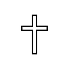 Black outline of a Christian cross with thick uniform stroke width on a stark white background