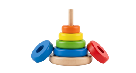 Colorful wooden stacking rings toy for toddlers educational learning development and fine motor skills on transparent background
