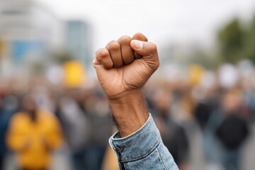 Raised fist in protest: symbol of strength and unity at outdoor demonstration.