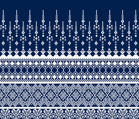 Pixel fabric pattern, abstract, ethnic, pixel style, full fabric pattern, navy blue, white for textile, cloth, clothes, curtains, carpets, pillows, vector illustration