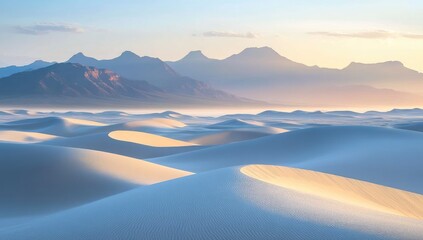 Sunrise over vast white sand dunes, distant mountains shrouded in mist