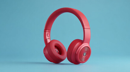 Naklejka premium Collection of red wireless headphones on light blue background- 3D Rendering