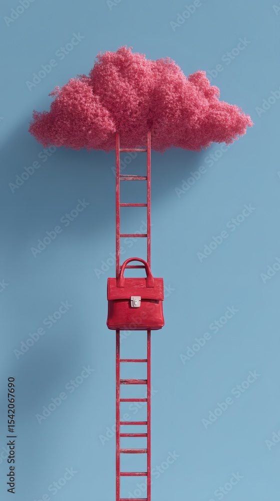 Aufkleber ladder reaching toward a floating coin bank in the sky metaphor for financial aspiration minimal visual composition side copy space