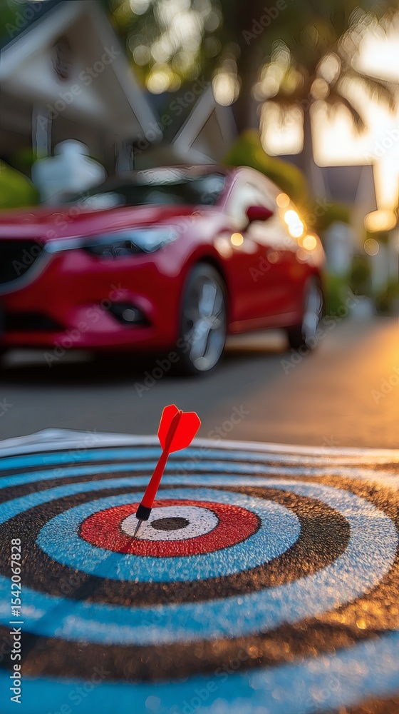 Poster target board with dart hitting images of vacation car and house representing focused saving goals cl