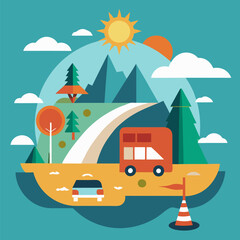 Fototapeta premium Summer vacation road trip concept illustration with car and travel icons