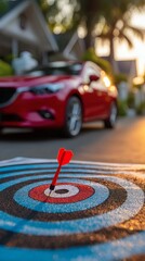 target board with dart hitting images of vacation car and house representing focused saving goals clean studio light side copy space