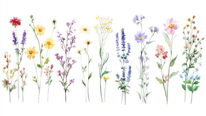 Colorful wildflower collection on white