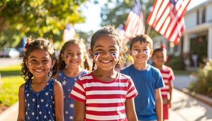 Fototapeta premium Children in patriotic attire, smiling, and walking in a parade-like formation.