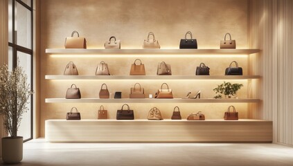 Beige and tan handbags displayed on light wood shelves in a modern boutique. Soft lighting highlights the various styles. A plant and high windows add a touch of nature
