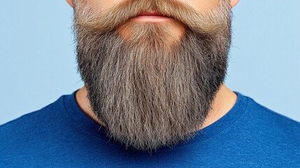 Close-up of a man with a luxurious beard in full face on a blue background. Beard grooming and care concept.