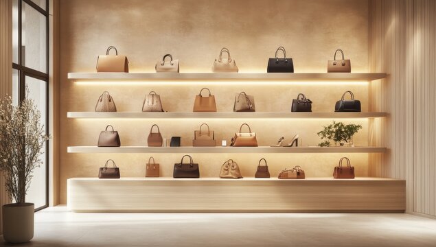 Beige and tan handbags displayed on light wood shelves in a modern boutique.  Soft lighting highlights the various styles.  A plant and high windows add a touch of nature