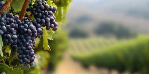 The beautiful grapes hanging lushly in a serene vineyard landscape.