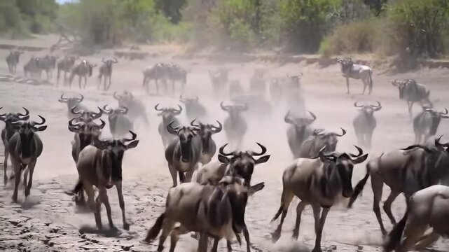 Large wildebeest herd migration across dusty african plain