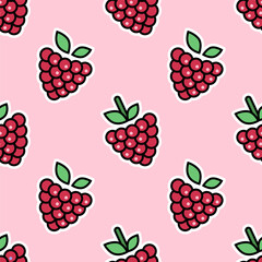 Cartoon seamless pattern of ripe raspberries isolated on pastel pink background.