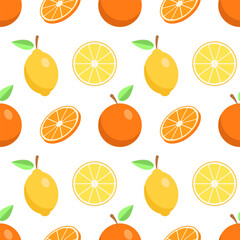 Seamless pattern of fresh lemons and oranges isolated on white background.